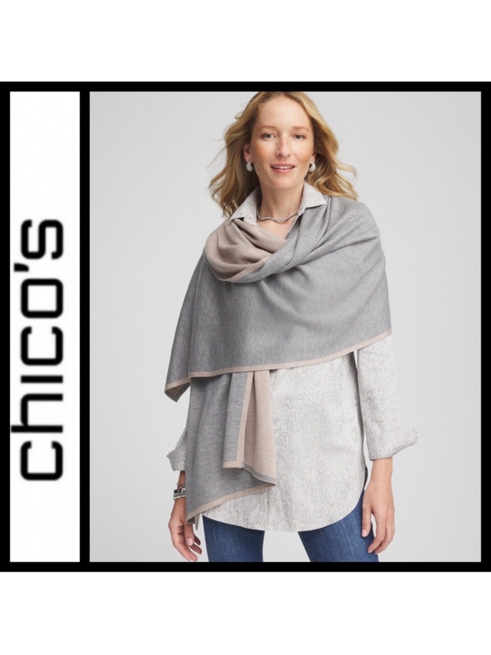 NWT Chico’s Grey Tan Reversible Travel Wrap Shawl Blanket